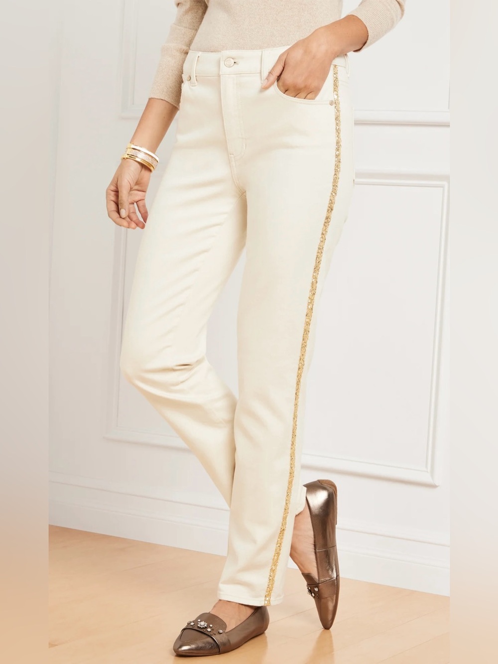 NWT Talbots Cream Straight-Leg Jeans with Gold Side Stripe